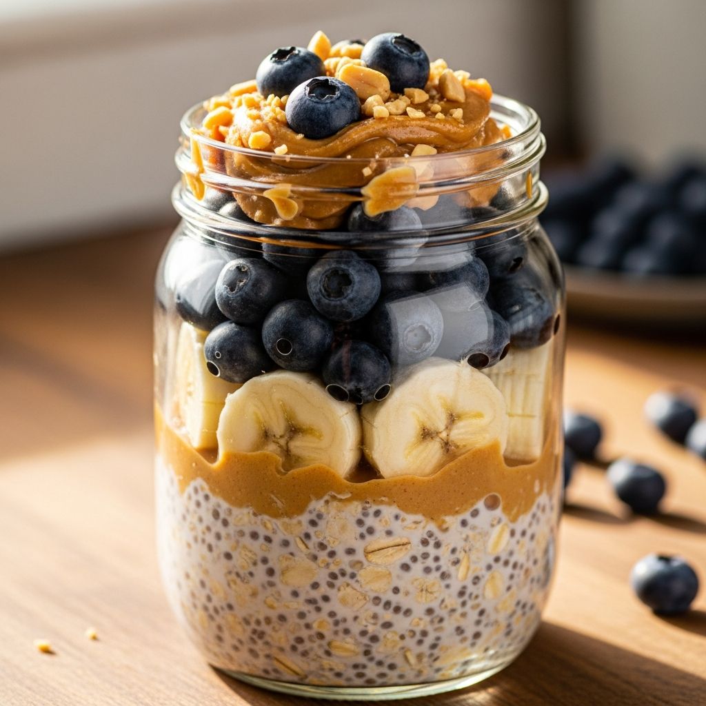 A creamy, make-ahead breakfast packed with 25g protein, featuring peanut butter, banana, and blueberries for sustained energy.