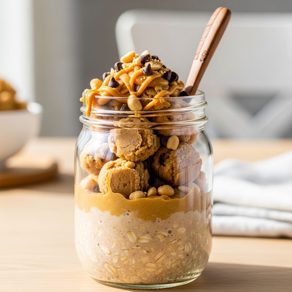 Indulgent peanut butter cookie dough flavor meets high-protein overnight oats for a delicious, make-ahead breakfast that's ready in minutes.