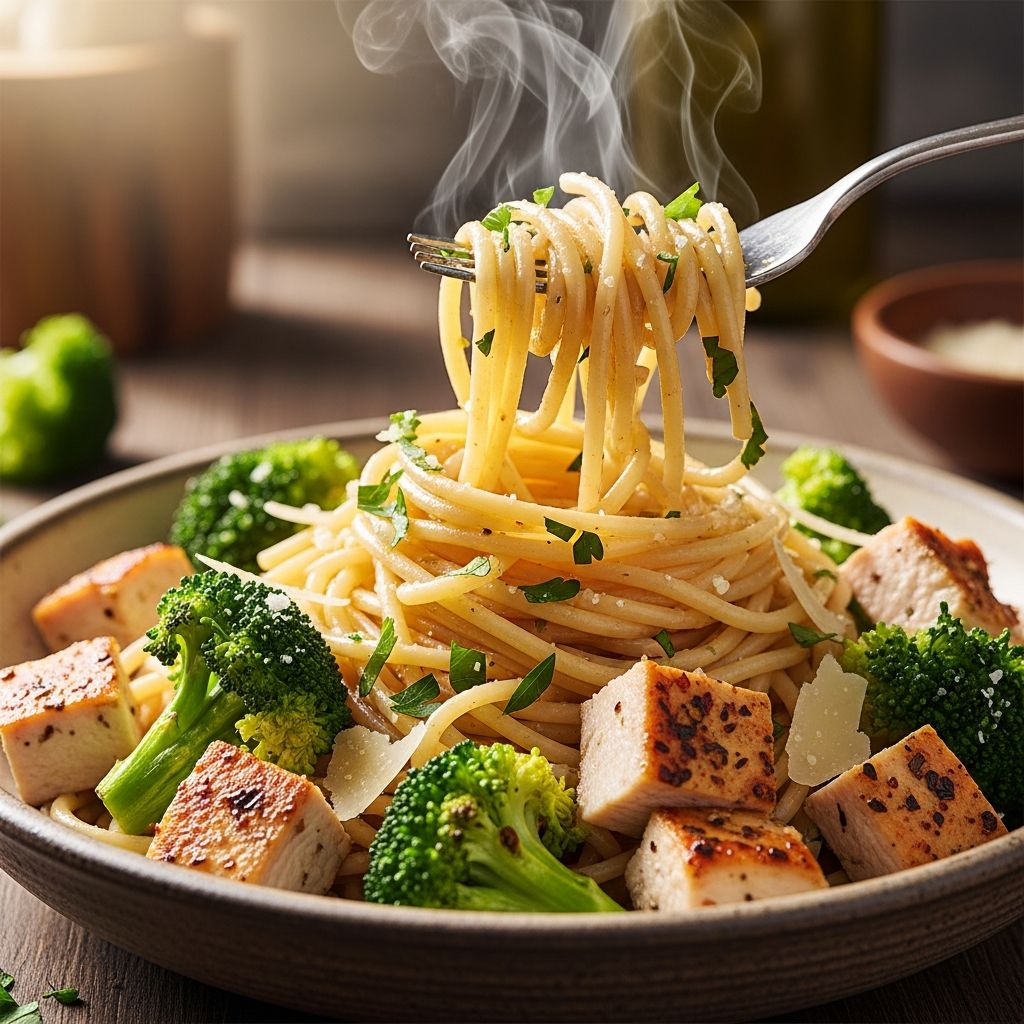 A quick 30-minute high-protein pasta dish packed with tender chicken, broccoli, and whole-wheat spaghetti for a nutritious family dinner.