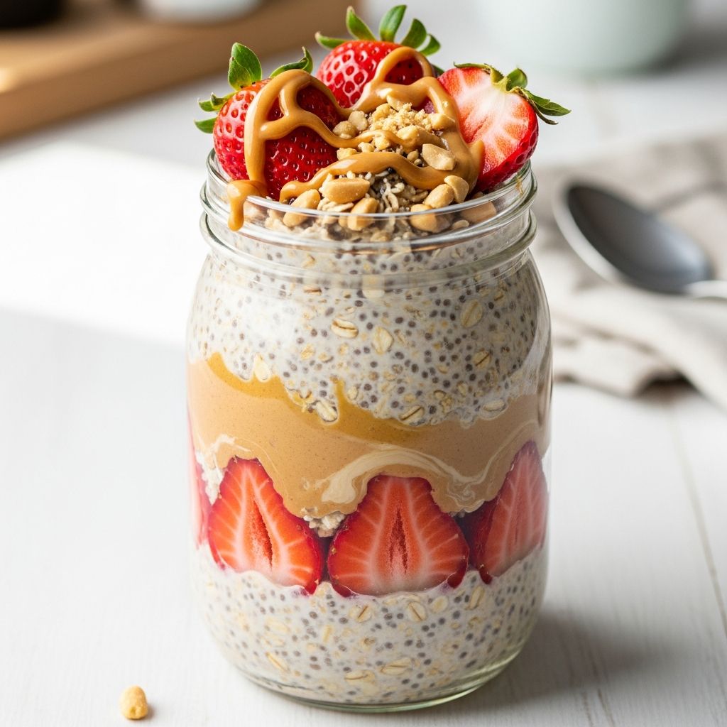Easy, nutritious overnight oats recipe packed with protein and fresh strawberries.