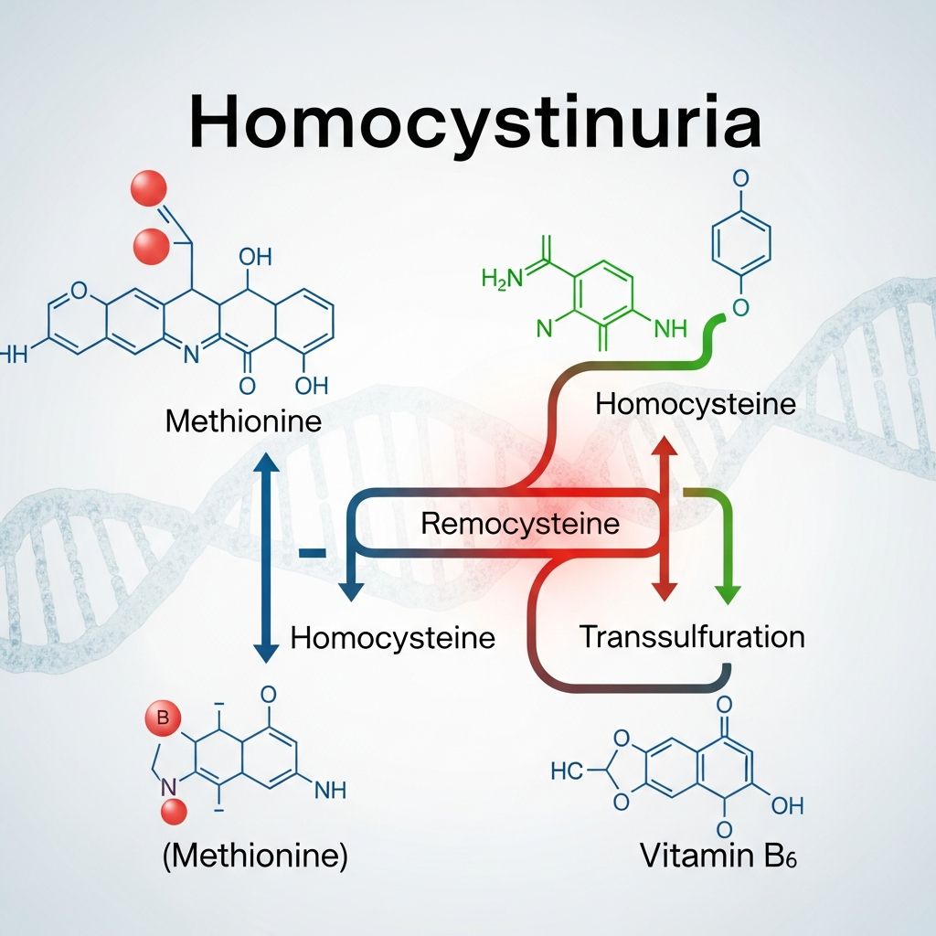 Inherited metabolic disorder causing elevated homocysteine levels, leading to multisystem complications like lens dislocation, thromboembolism, and skeletal issues.