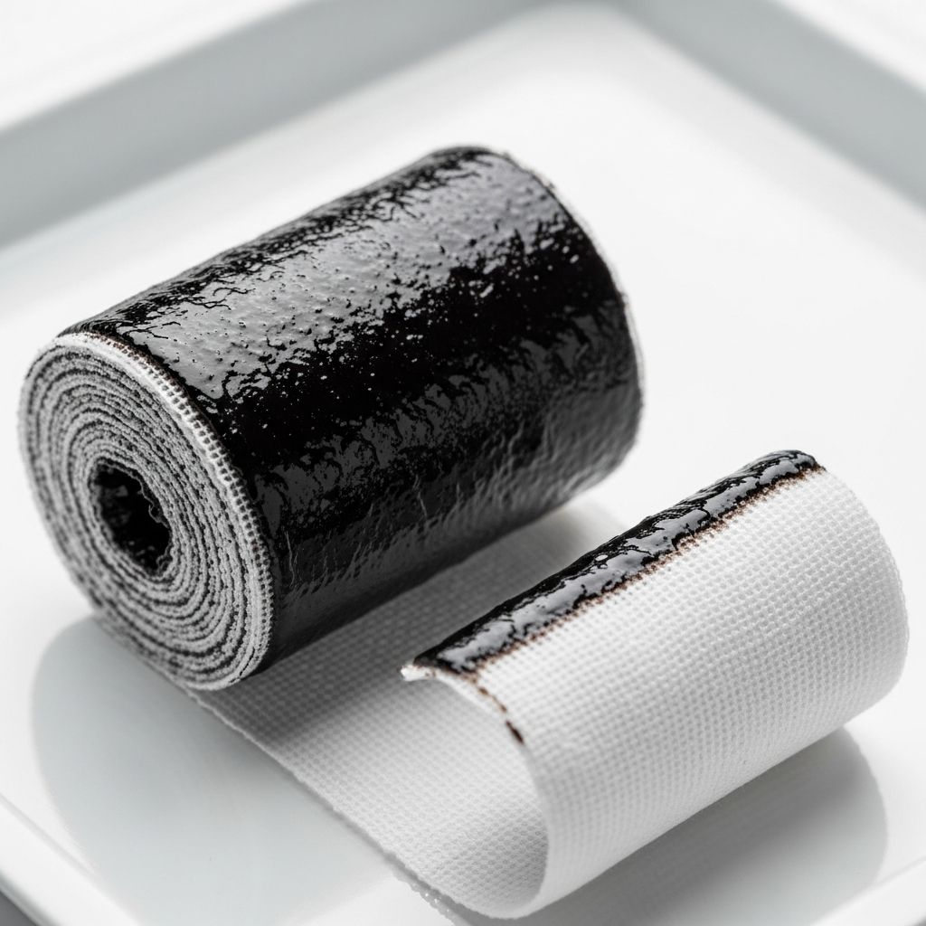 Effective topical treatment for eczema, leg ulcers, and itchy skin conditions using ichthammol and zinc oxide bandages.