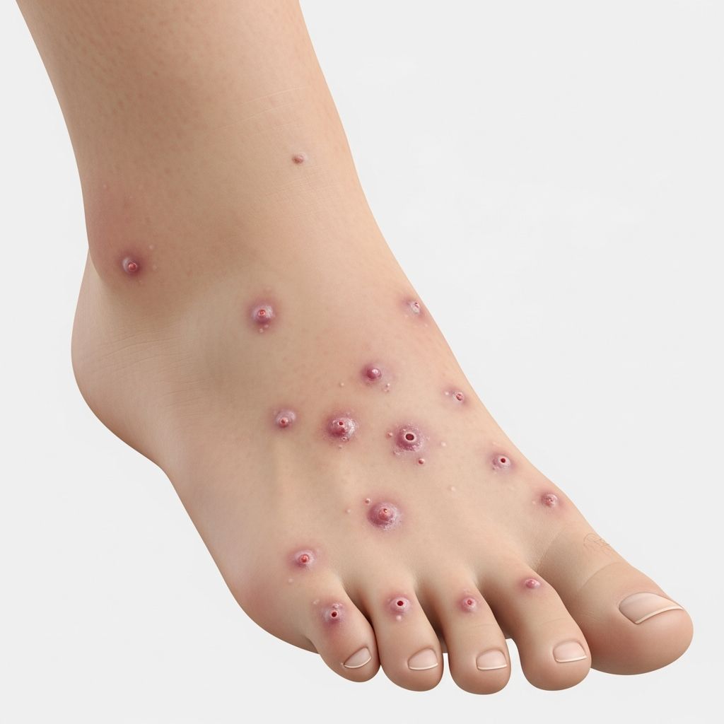 Uncommon painful red nodules on soles of feet, mainly in children and young adults, triggered by heat, sweat, and activity.