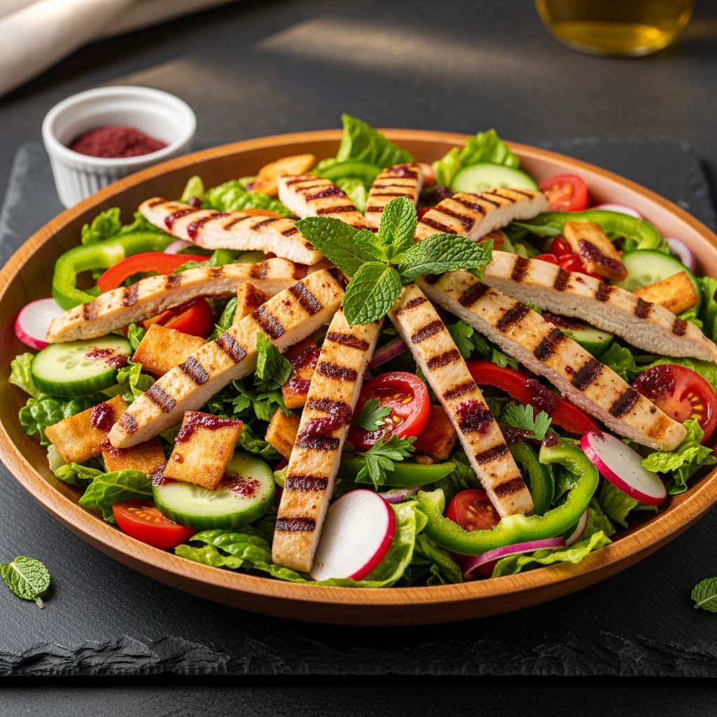 A refreshing Middle Eastern salad combining crisp vegetables, crunchy pita chips, and tender grilled chicken.