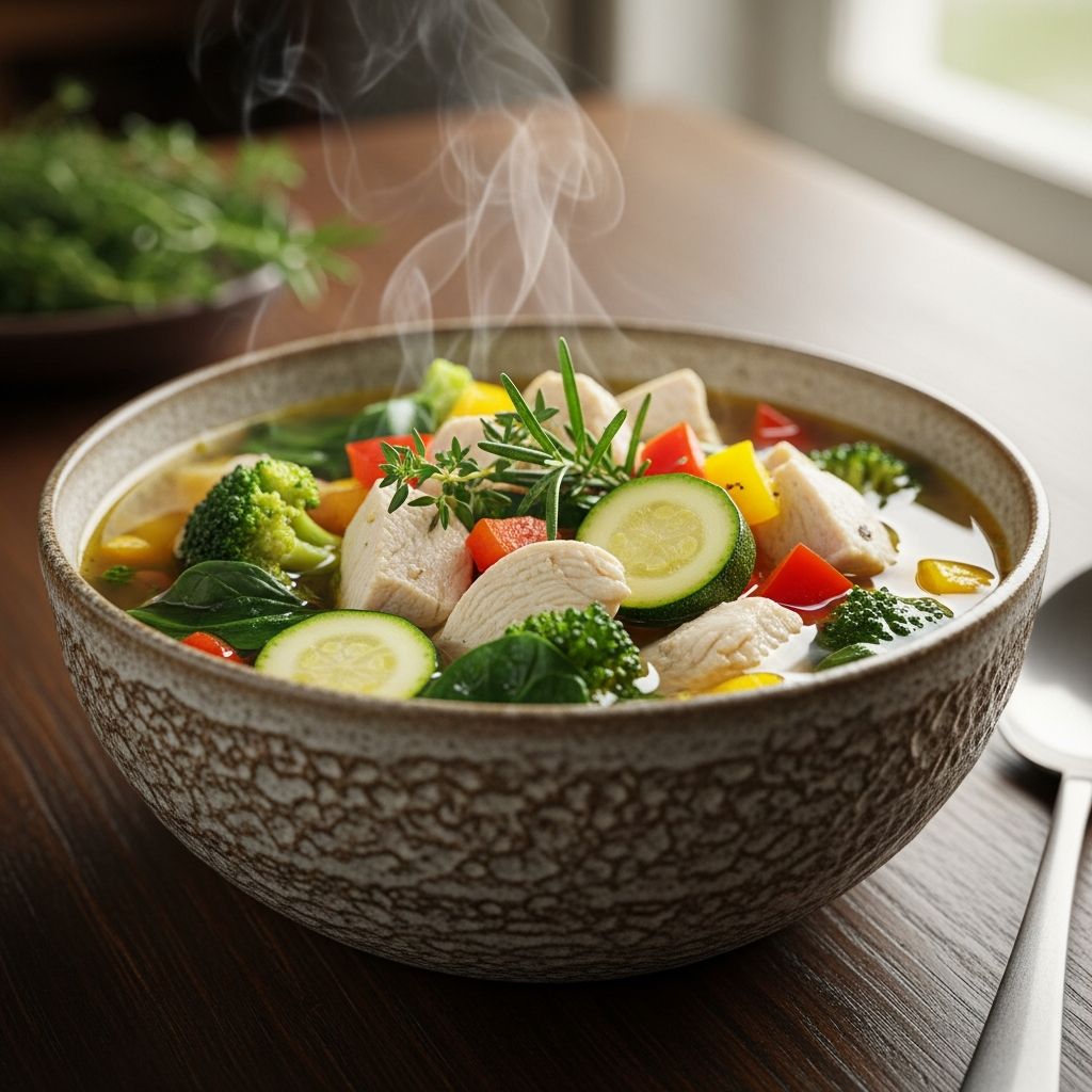 A comforting low-carb chicken soup packed with tender chicken, fresh vegetables, and immune-boosting herbs for a nourishing meal.