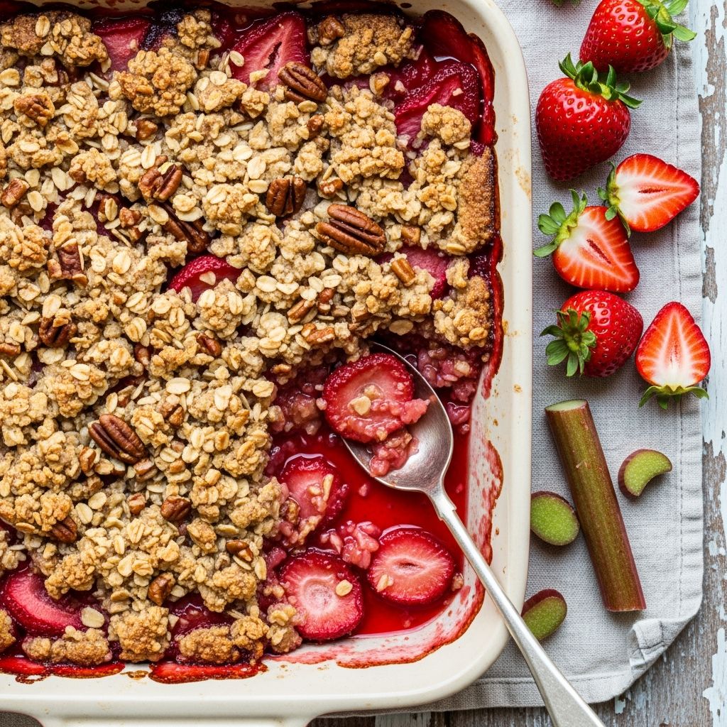 A healthier take on classic strawberry rhubarb crisp with reduced sugar, perfect for guilt-free indulgence using fresh seasonal fruits.