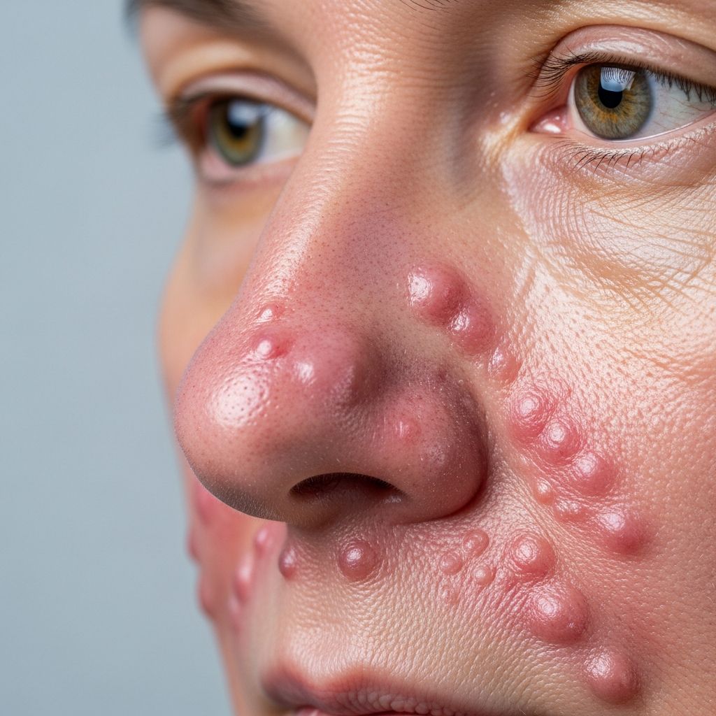 Chronic skin manifestation of sarcoidosis causing disfiguring plaques on face, requiring targeted therapy to prevent scarring.