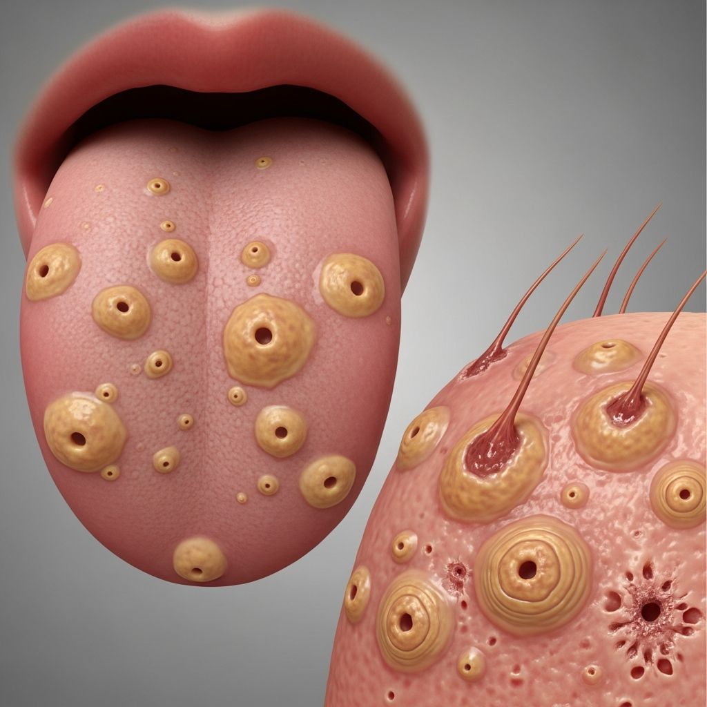 Rare inflammatory condition affecting skin and tongue due to defective macrophage response to bacterial infection, often E. coli.