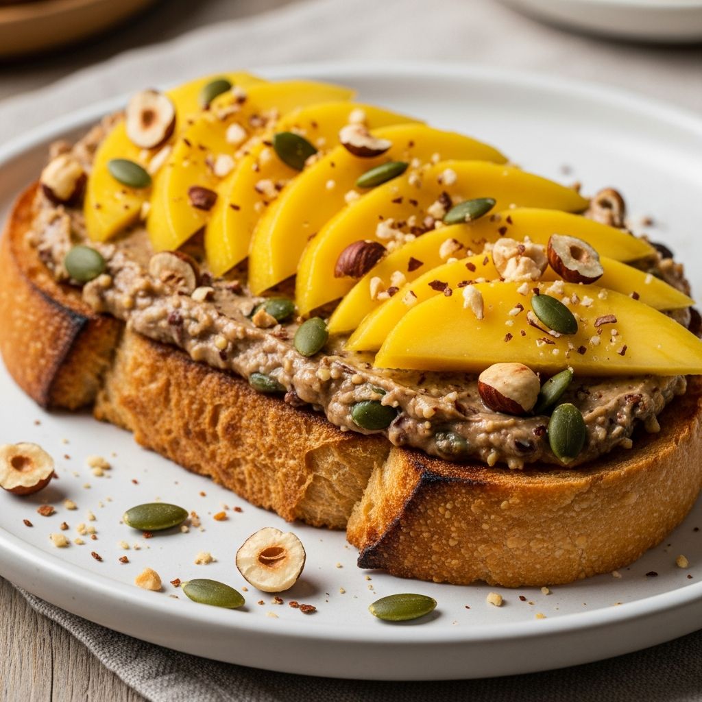 A delicious diabetes-friendly breakfast blending ripe mangoes, creamy hazelnut-pepita butter, and toasted sourdough for balanced nutrition and flavor.