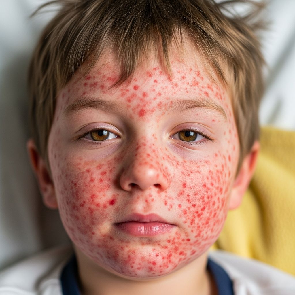 Highly contagious viral infection causing fever, characteristic rash, and potential severe complications; preventable by MMR vaccination.