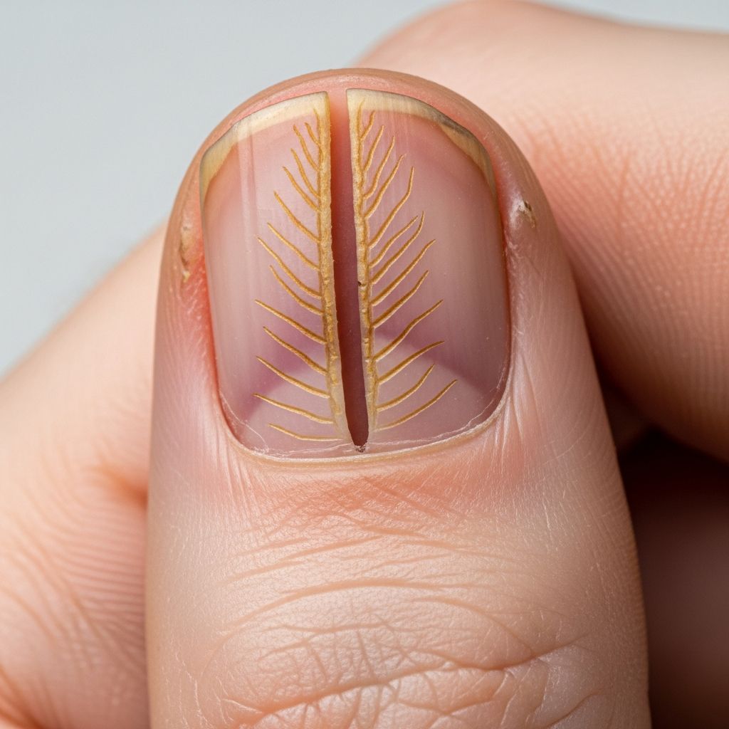 Understanding the causes, symptoms, diagnosis, and treatment of this distinctive nail plate disorder affecting thumbnails primarily.