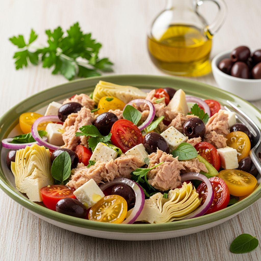 A vibrant, no-cook salad packed with protein-rich tuna, beans, fresh veggies, and zesty lemon dressing for a quick Mediterranean meal.