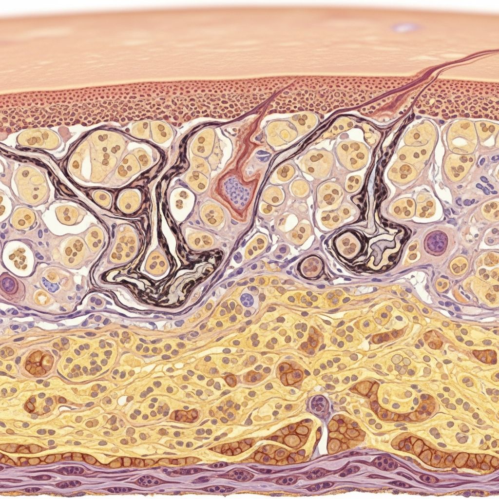 Rare acquired skin disorder causing fine wrinkling due to mid-dermal elastic fibre loss, primarily affecting young women on trunk and arms.