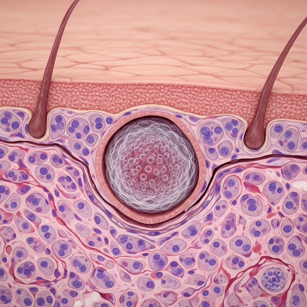 Detailed histopathological analysis of molluscum contagiosum, a common poxvirus skin infection with characteristic viral inclusions.