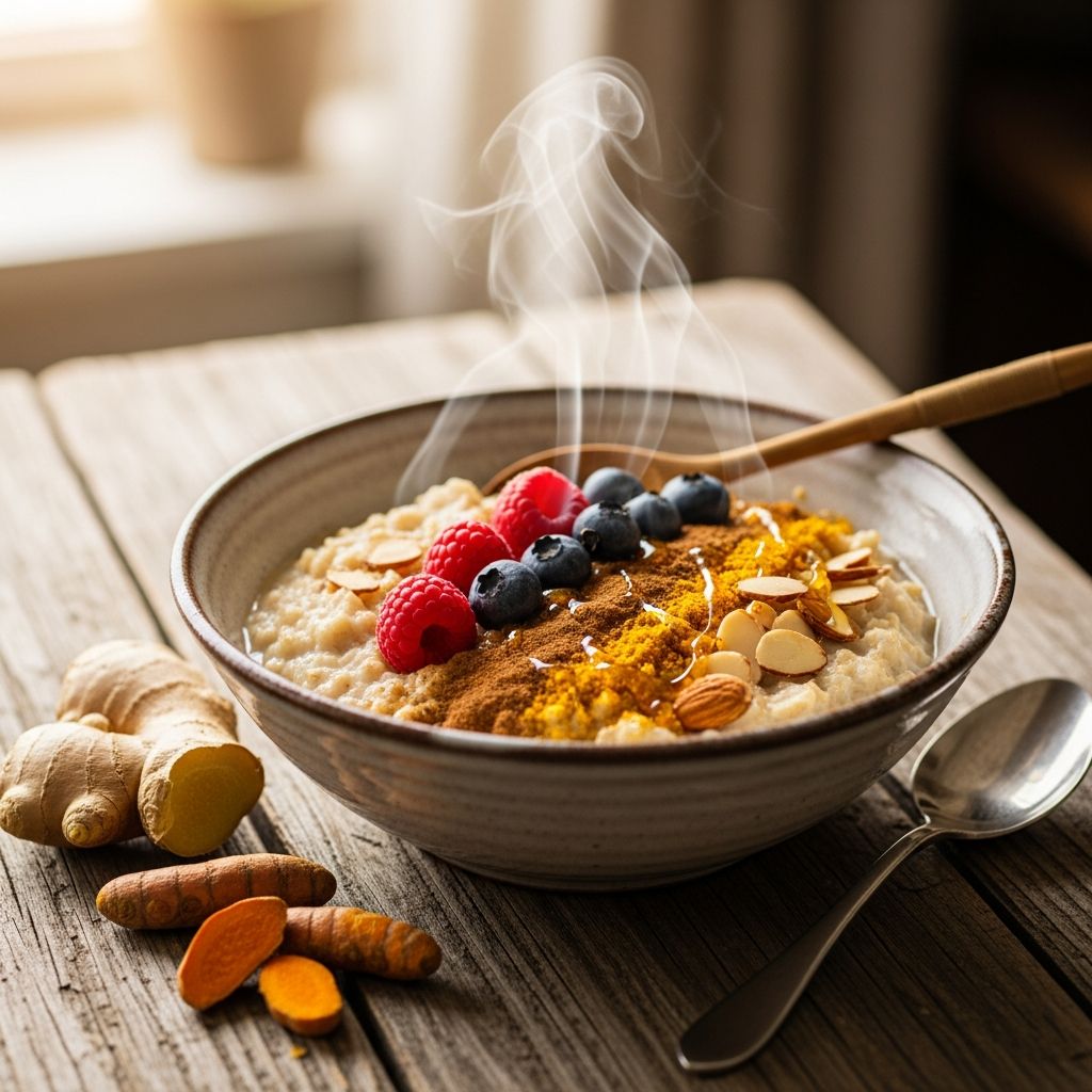 Discover this healing turmeric oatmeal bowl packed with anti-inflammatory spices, creamy coconut milk, and nutrient-rich toppings for the ultimate nourishing breakfast.