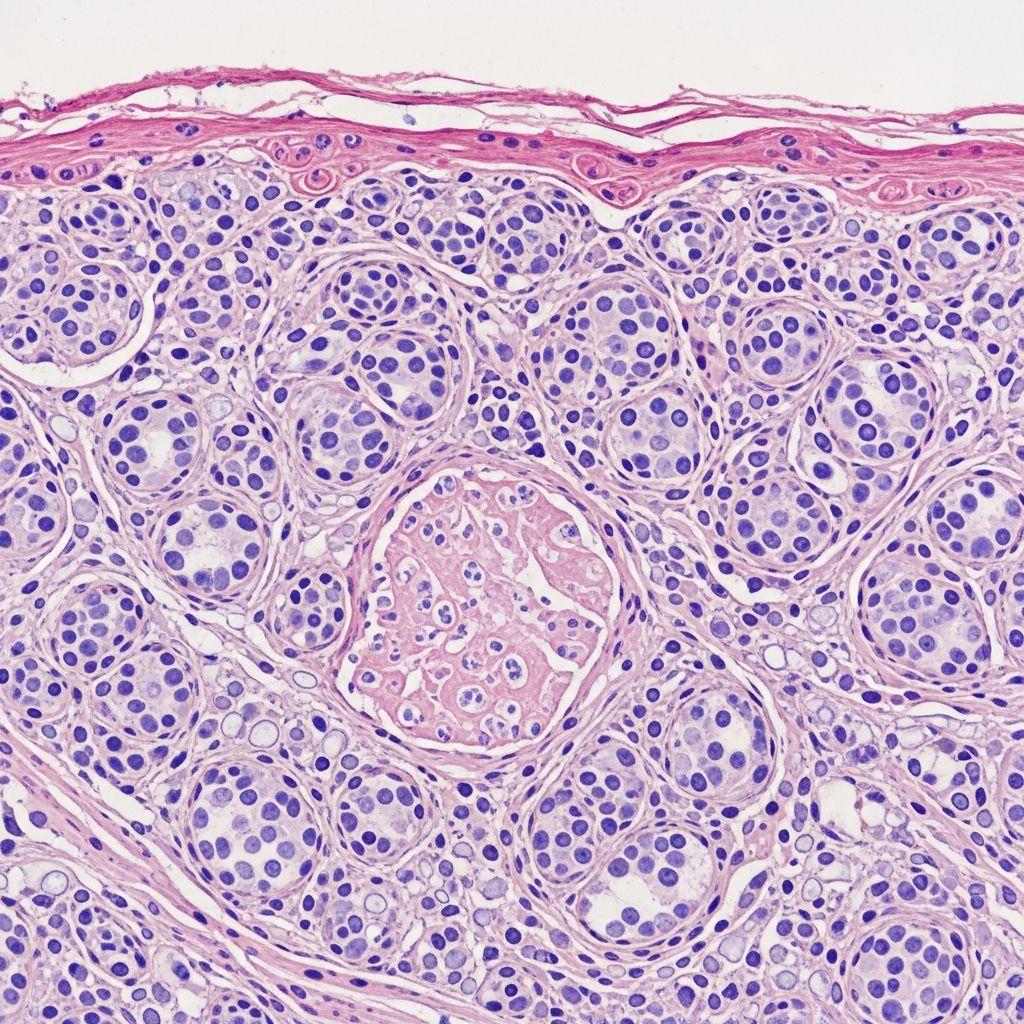 Detailed histopathological analysis of necrobiosis lipoidica, a granulomatous skin disorder linked to diabetes and collagen degeneration.