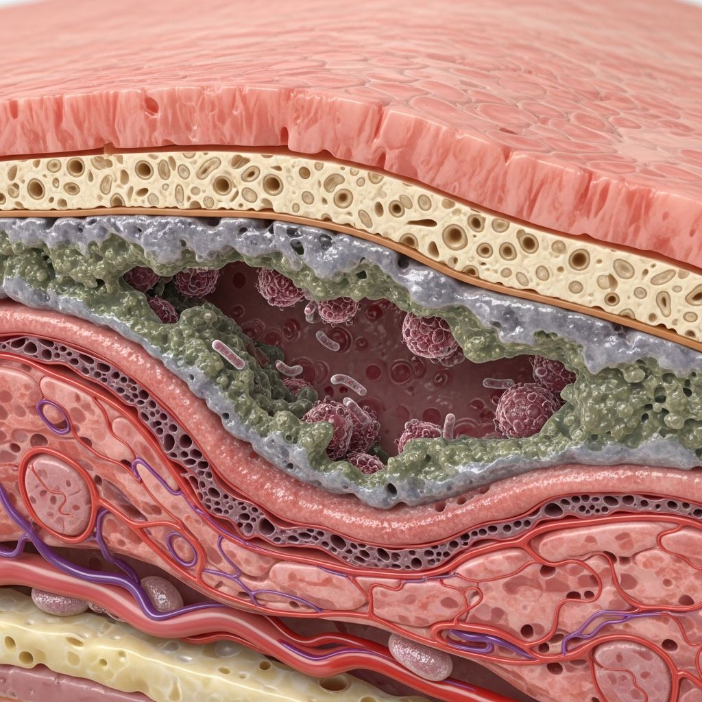 Detailed histopathological analysis of necrotising fasciitis, a life-threatening bacterial infection of fascia and soft tissues.