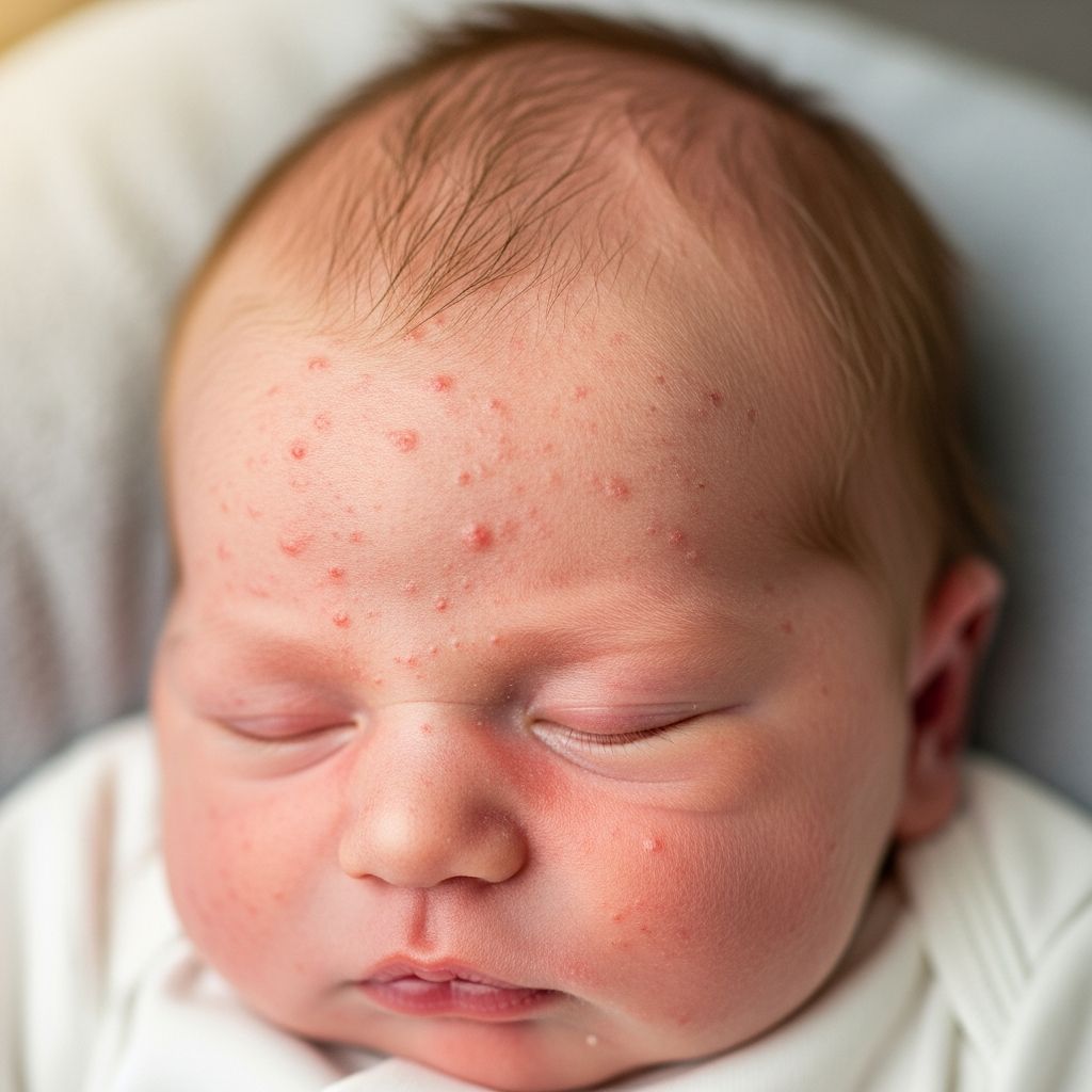 Benign facial pustules in newborns linked to Malassezia yeast, self-resolving with optional topical antifungal treatment.