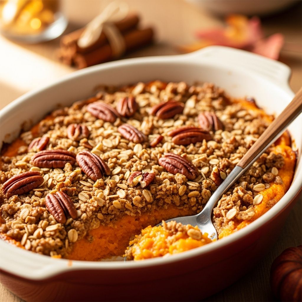 A healthier Thanksgiving classic: creamy sweet potatoes topped with crunchy pecans, naturally sweetened without added sugar.