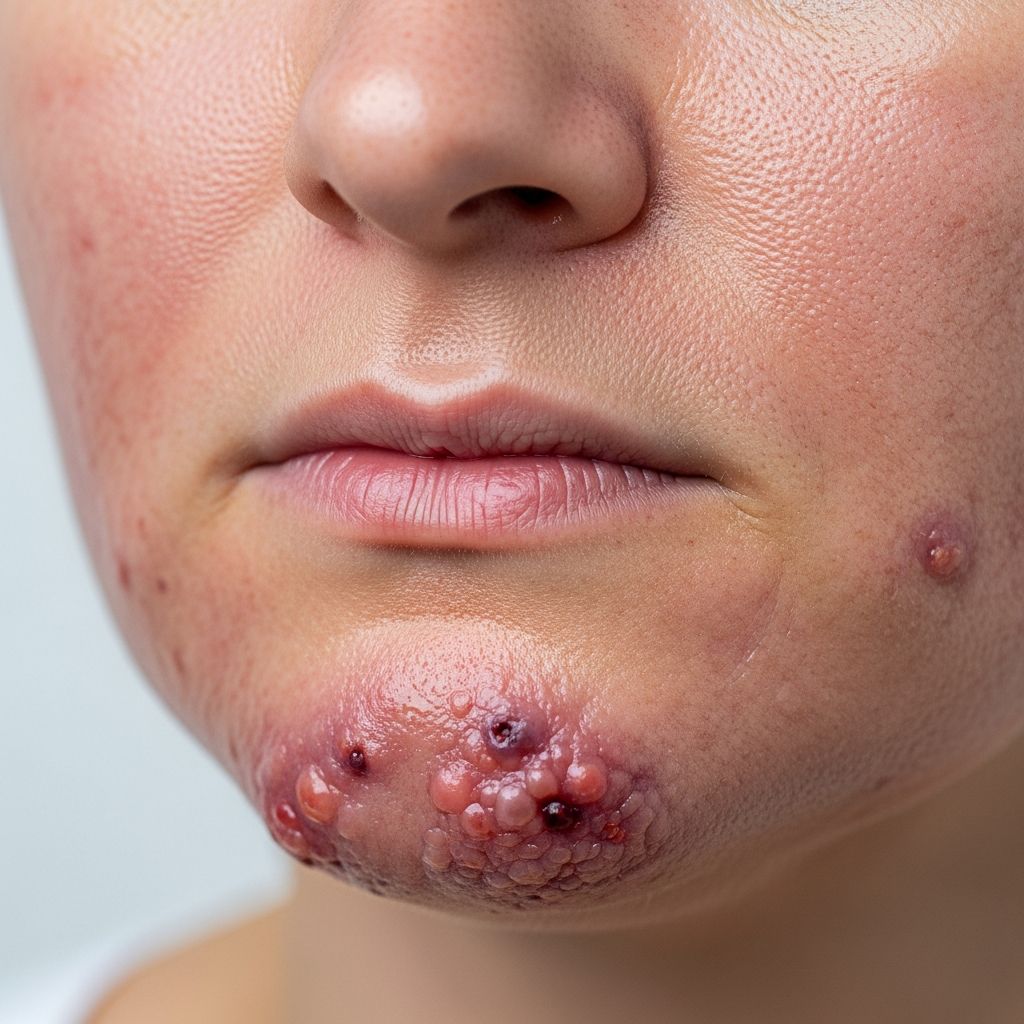 Severe inflammatory acne with deep nodules and cysts causing scarring; early isotretinoin treatment is essential for management.