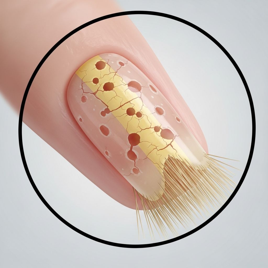 Rare benign nail matrix tumour causing nail thickening, yellow bands, and splinter haemorrhages in adults.