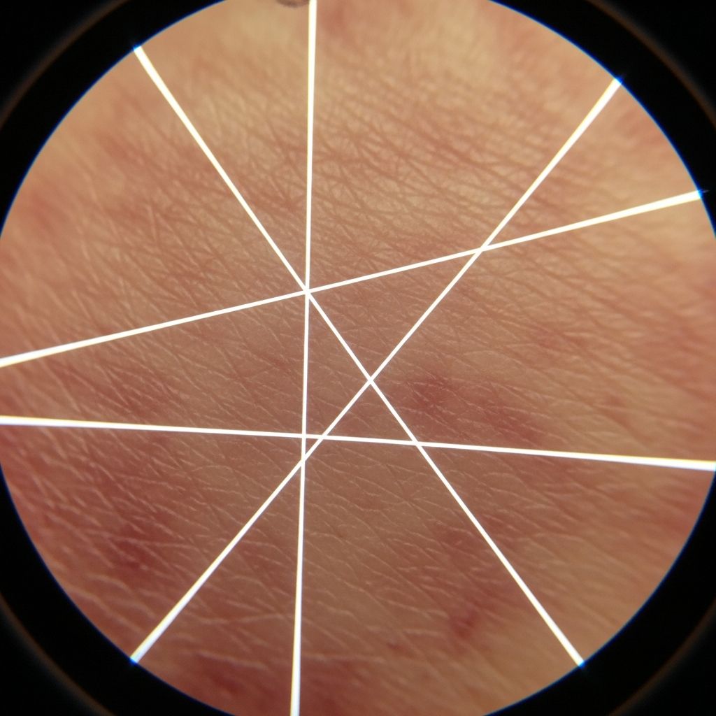Discover perpendicular white lines in dermoscopy: key diagnostic feature for BCC, melanoma, and more under polarized light.