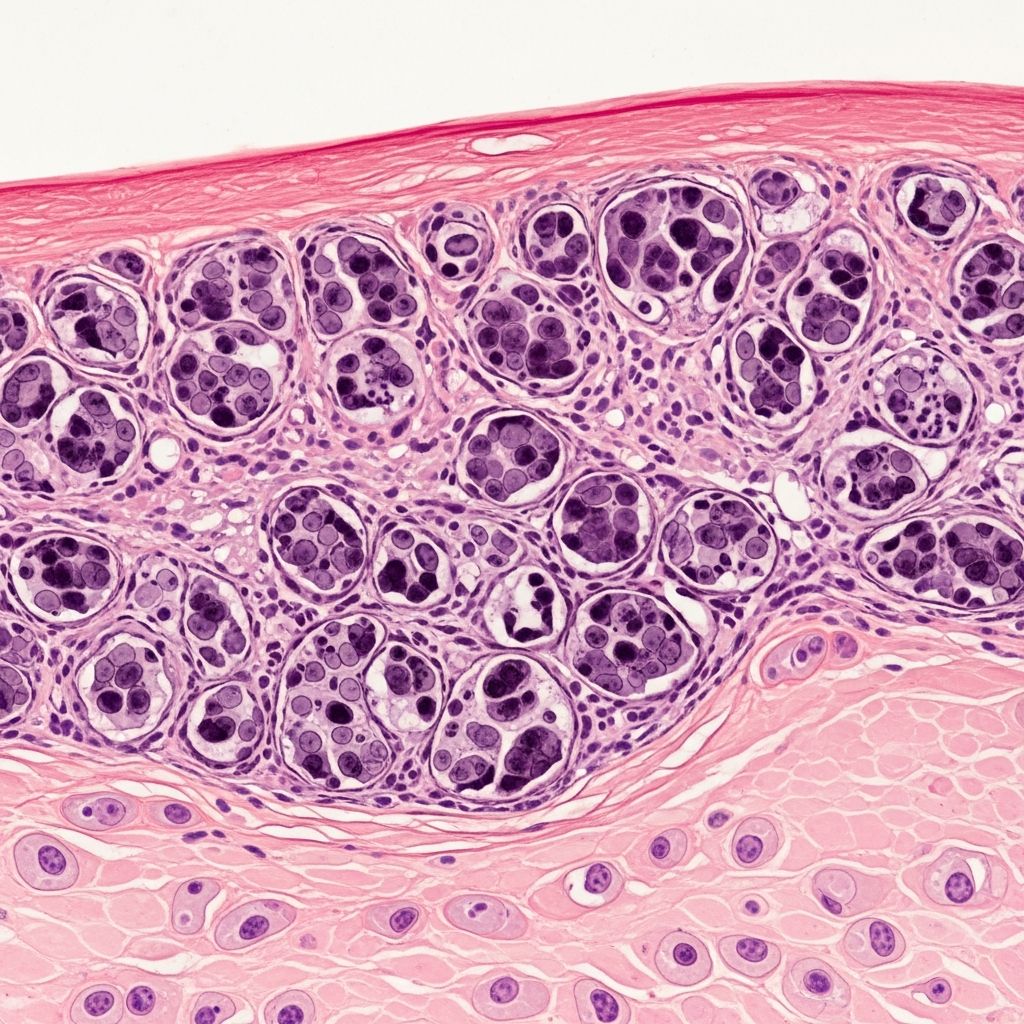 Detailed histopathological analysis of pityriasis versicolor, highlighting Malassezia yeast distribution and skin changes.