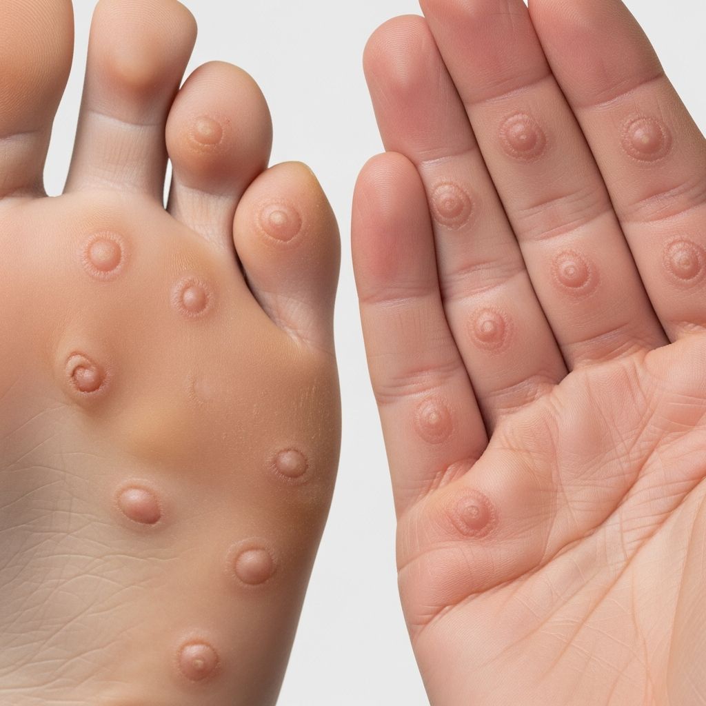 Rare genetic skin disorder starting on palms and soles, spreading body-wide with scaly annular lesions.