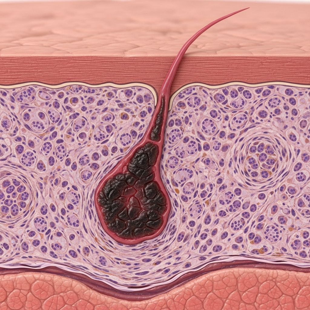 Rare dermal melanoma subtype with favourable prognosis compared to metastases, guiding targeted excision and surveillance.