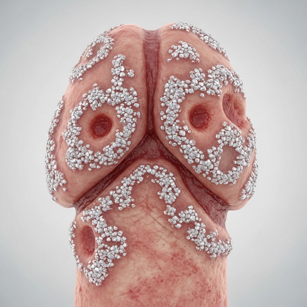 Rare penile dermatosis in elderly uncircumcised men featuring hyperkeratotic micaceous plaques on glans with potential premalignant evolution.
