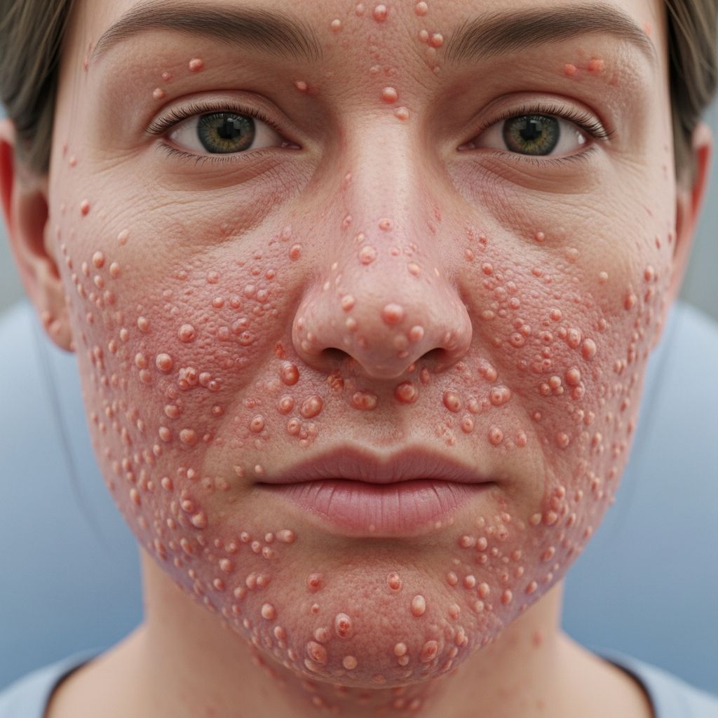 Rare severe rosacea variant causing sudden facial nodules, pustules, and scarring in young women.