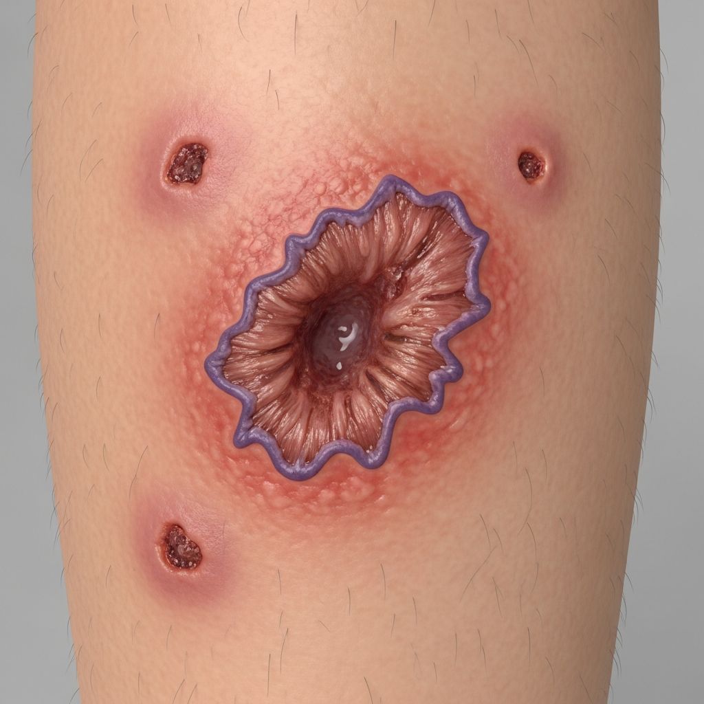 Rare autoinflammatory skin disorder causing painful, rapidly enlarging ulcers with potential systemic associations.