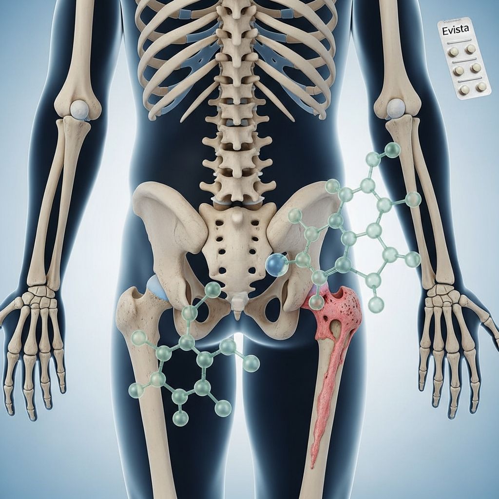 Raloxifene (Evista) is a selective estrogen receptor modulator used to prevent and treat postmenopausal osteoporosis by strengthening bones and reducing vertebral fracture risk.