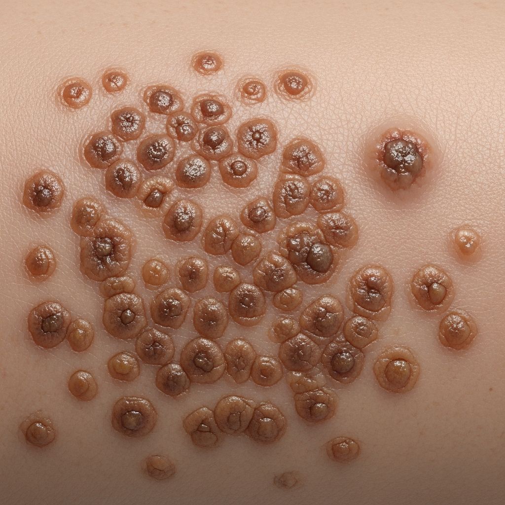 Abrupt eruption of multiple seborrheic keratoses signaling potential internal malignancy.