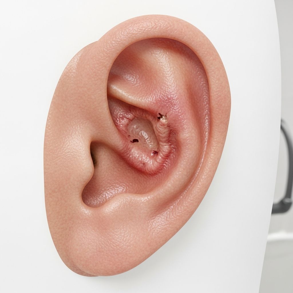 Comprehensive visual guide to squamous cell carcinoma on the ear, covering clinical images, symptoms, diagnosis, and pathology for dermatologists and patients.
