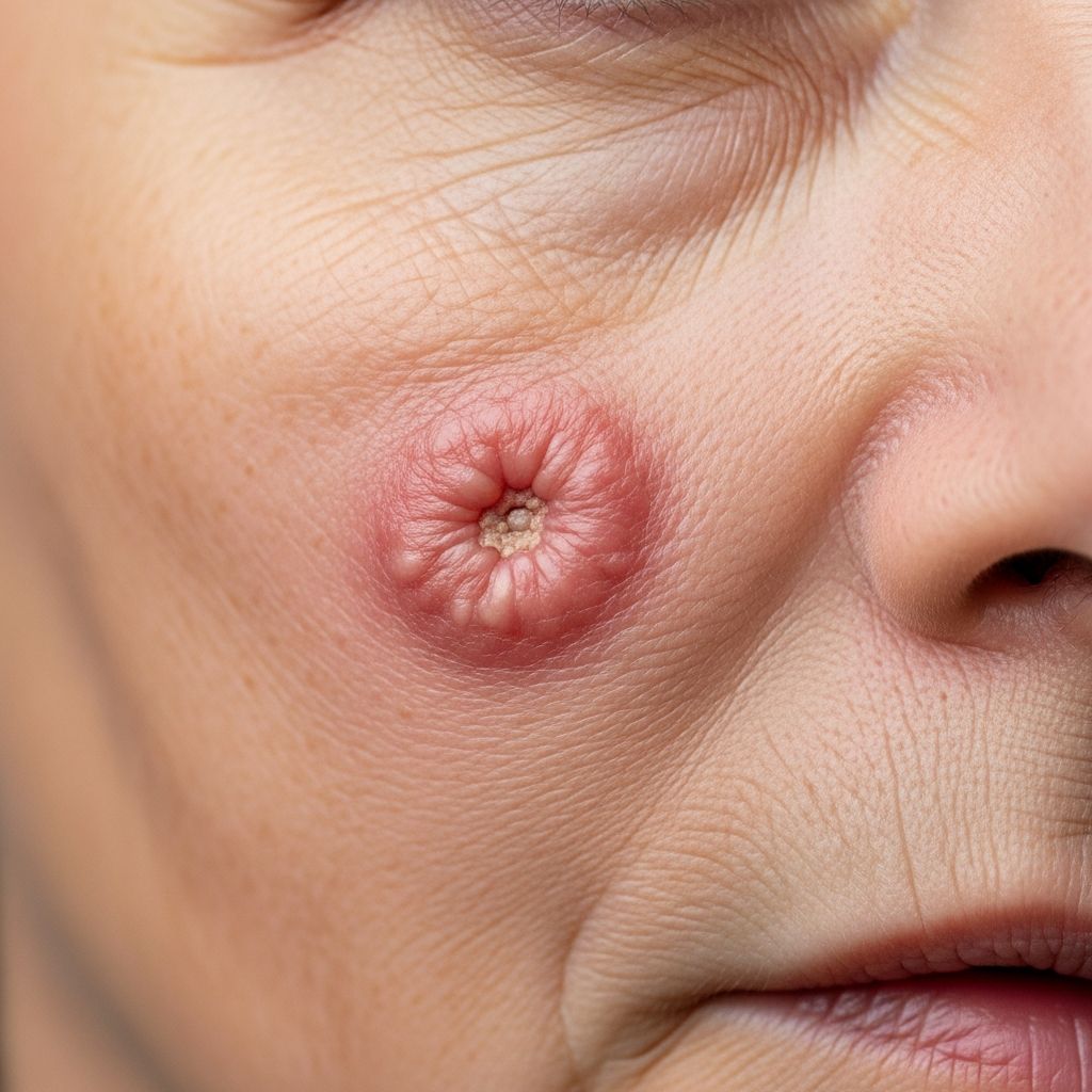 Explore detailed images and descriptions of squamous cell carcinoma on the face, aiding in early recognition and diagnosis of this common skin cancer.