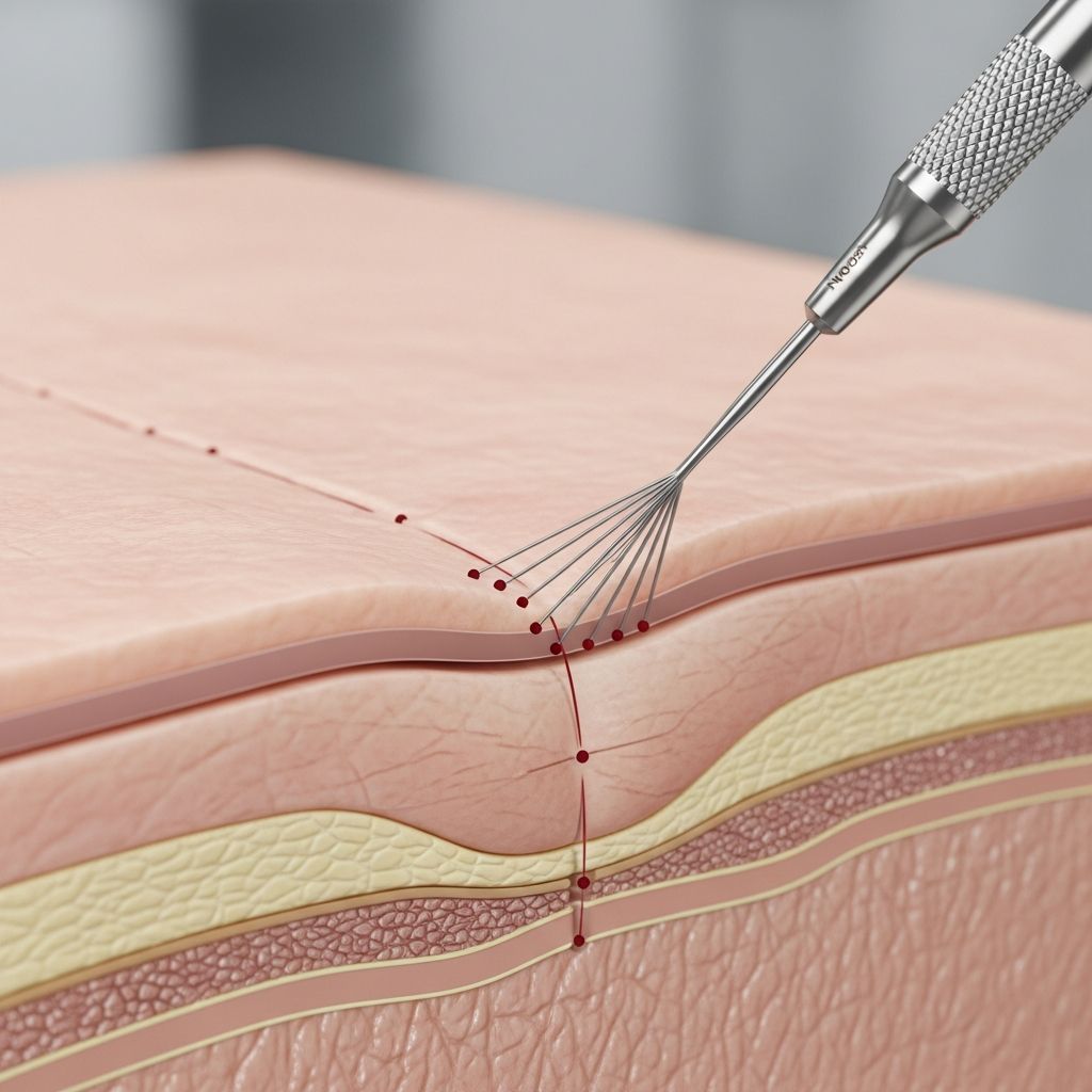 Effective minor surgical procedure for treating depressed acne scars and wrinkles by breaking fibrotic strands.