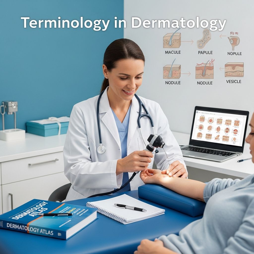 Essential guide to dermatological terms for describing skin lesions, structure, distribution, morphology, and changes.