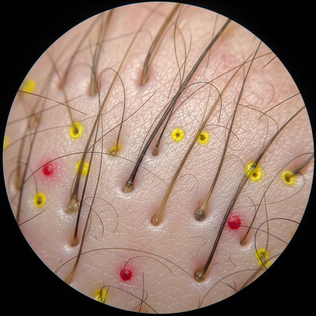 Non-invasive diagnostic guide to trichoscopy features in reversible generalised hair loss conditions like androgenetic alopecia and telogen effluvium.