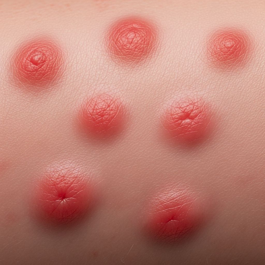 Comprehensive visual guide to urticaria (hives) with clinical images of acute, chronic, and inducible types across body sites.