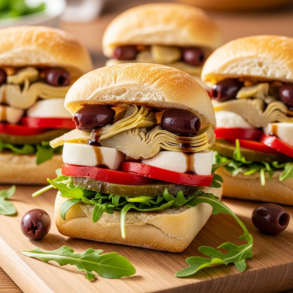 These crowd-pleasing vegetarian antipasto sliders feature roasted veggies, provolone, and a tangy spread in mini slider buns for an easy, flavorful bite.