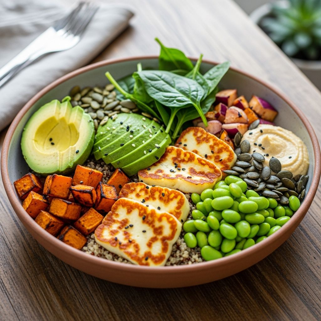 A nutritious, customizable vegetarian bowl packed with roasted veggies, chickpeas, cottage cheese, and zesty honey mustard sauce for quick weeknight dinners.