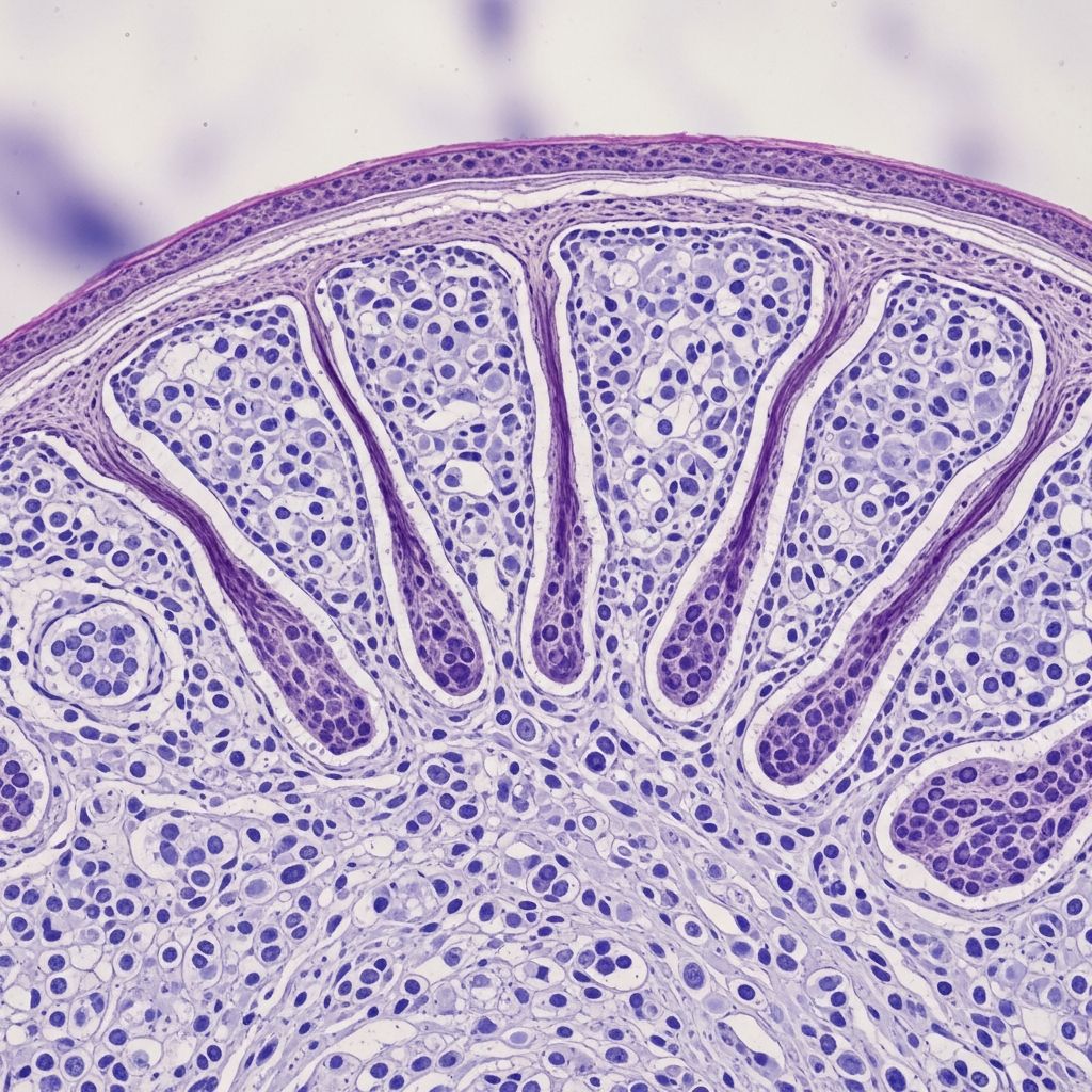 Detailed histopathology of common warts caused by HPV infection, including key diagnostic features and differentials.
