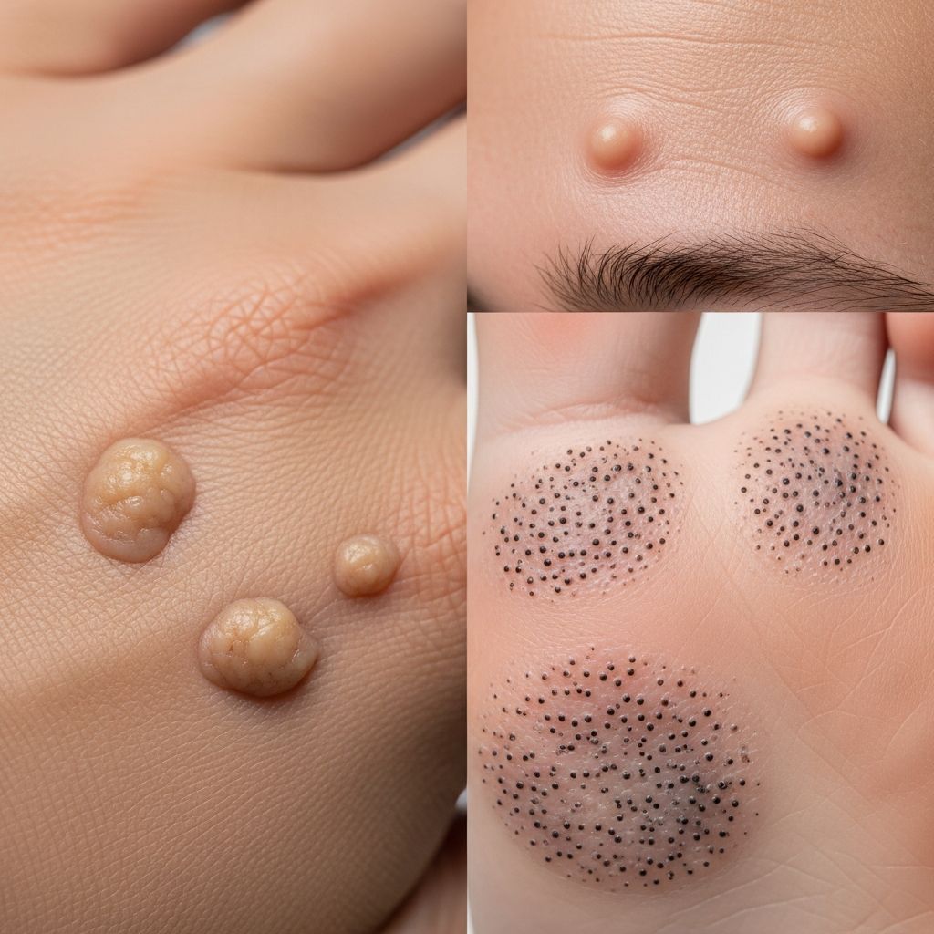 Comprehensive visual guide to viral warts: types, locations, and clinical presentations across skin and mucous membranes.