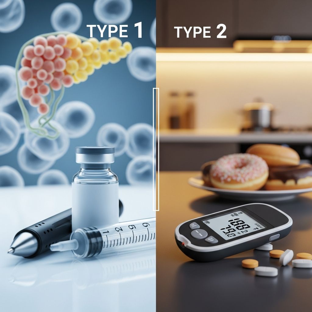 Understand the key differences between type 1 and type 2 diabetes: causes, symptoms, risk factors, diagnosis, and effective management strategies.