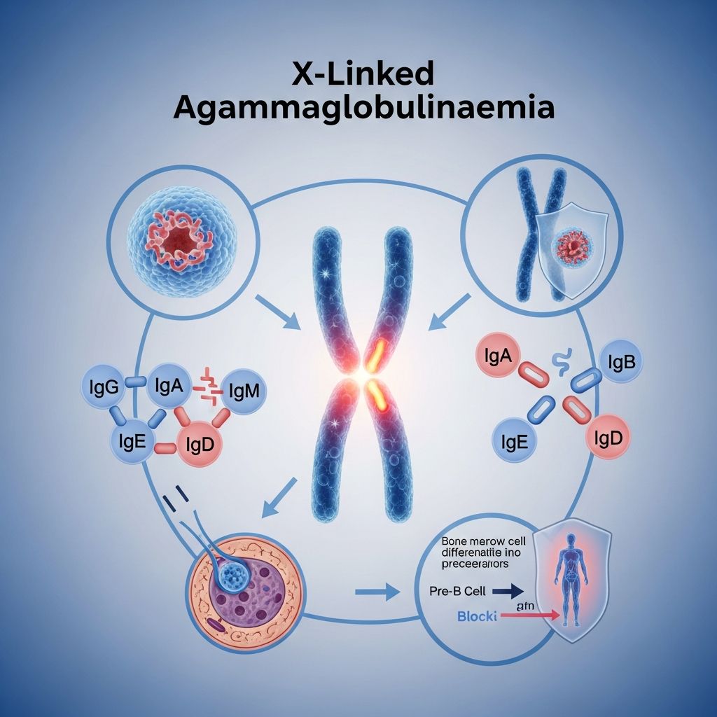 A rare genetic disorder causing profound antibody deficiency, leading to recurrent bacterial infections primarily in males.