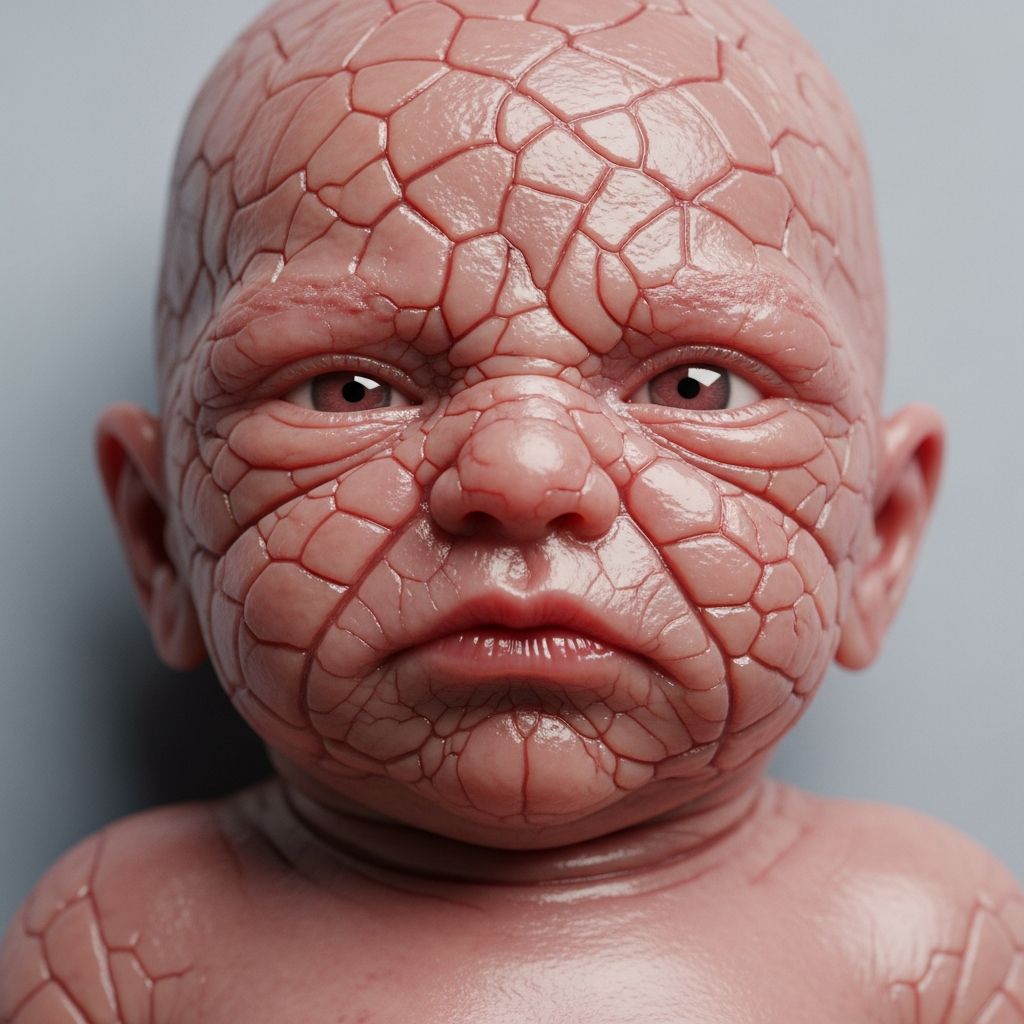 Rare genetic skin disorder causing thick, cracking plates in newborns; intensive care improves survival and quality of life.
